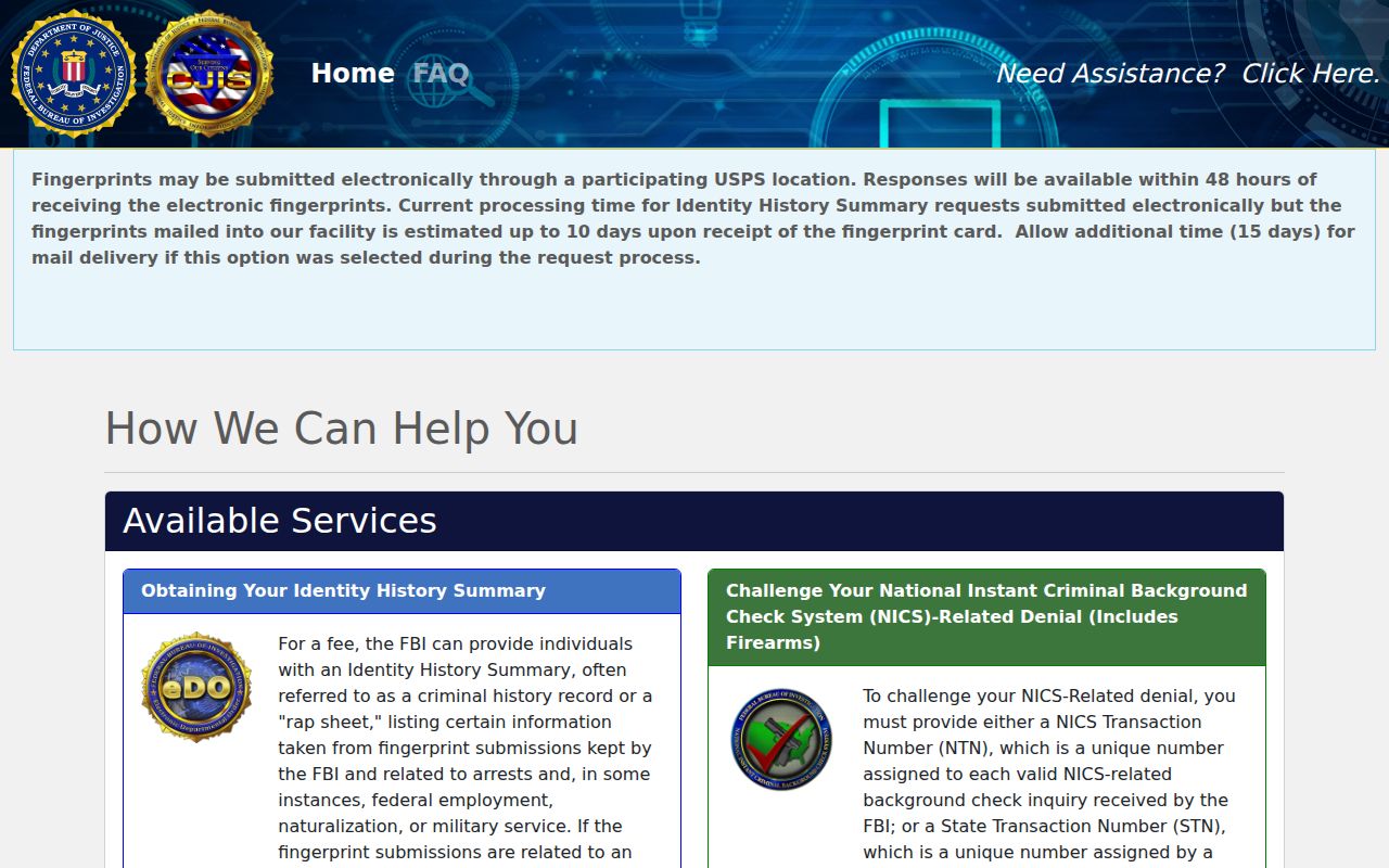 FBI electronic Identity History Summary submission portal